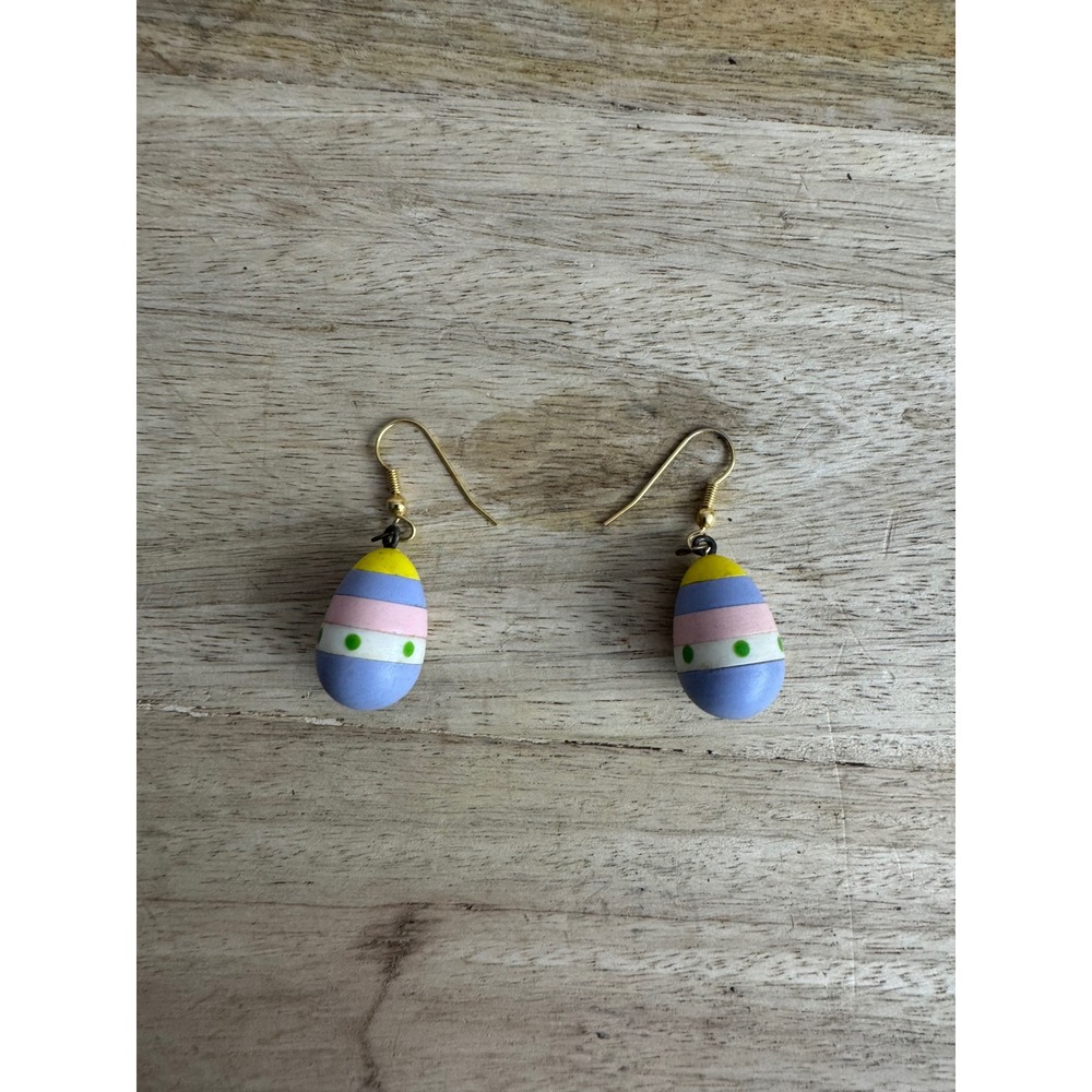 Easter Egg Earrings Pastel Striped Polka Dot Gold Tone Spring Holiday Jewelry